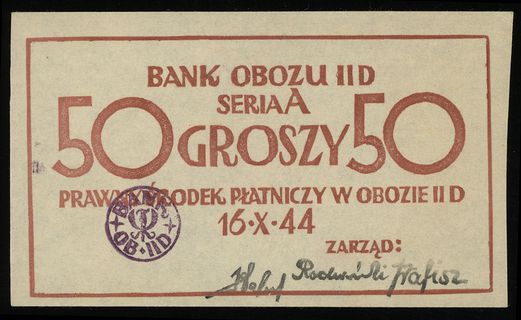 50 groszy 16.10.1944, pieczęć banku obozowego, Lucow 935 (R4) - ilustrowane w katalogu kolekcji, Campbell 3792, wyśmienite