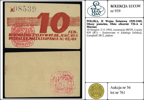 10 fenigów 2.11.1944, numeracja 08539, Lucow 939 (R1) - ilustrowane w katalogu kolekcji, Campbell 3812, piękne