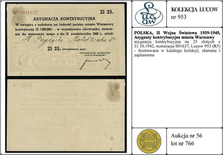 asygnacja kontrybucyjna na 25 złotych z 31.10.1942, numeracja 001637, Lucow 953 (R5) - ilustrowana w katalogu kolekcji, złamana i zaplamiona