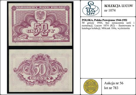 50 groszy 1944, bez oznaczenia serii i numeracji, Lucow 1074 (R2) - ilustrowane w katalogu kolekcji, Miłczak 104a, wyśmienite
