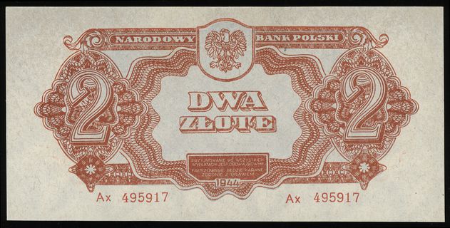 2 złote 1944, w klauzuli OBOWIĄZKOWYM”, seria Ax, numeracja 495917, Lucow 1084 (R3), Miłczak 106b, wyśmienite
