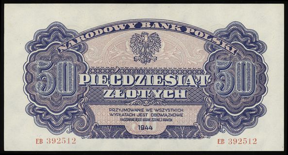 50 złotych 1944, w klauzuli OBOWIĄZKOWE”, seria ЕВ, numeracja 392512, Lucow 1130a (R3), Miłczak 117a, parę minimalnych zagnieceń, pięknie zachowane
