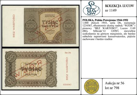 1.000 złotych 1945, seria Dh, numeracja 1234567,