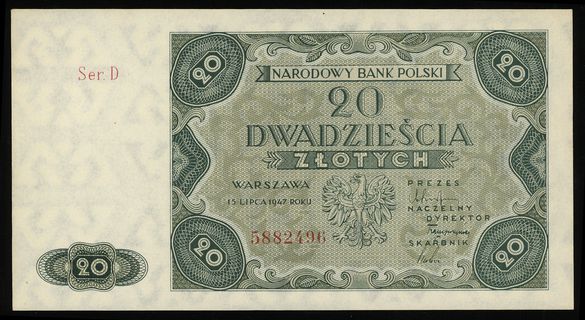 20 złotych 15.07.1947, seria D, numeracja 588249