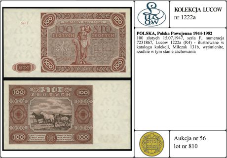 100 złotych 15.07.1947, seria F, numeracja 7231867, Lucow 1222a (R4) - ilustrowane w katalogu kolekcji, Miłczak 131b, wyśmienite, rzadkie w tym stanie zachowania
