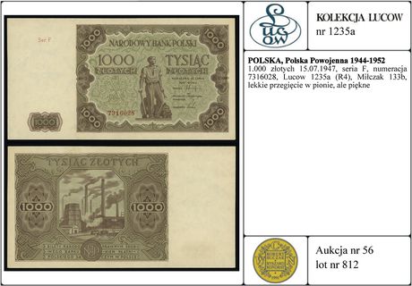 1.000 złotych 15.07.1947, seria F, numeracja 7316028, Lucow 1235a (R4), Miłczak 133b, lekkie przegięcie w pionie, ale piękne