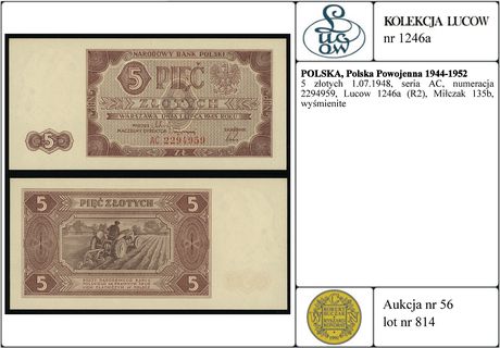 5 złotych 1.07.1948, seria AC, numeracja 2294959, Lucow 1246a (R2), Miłczak 135b, wyśmienite