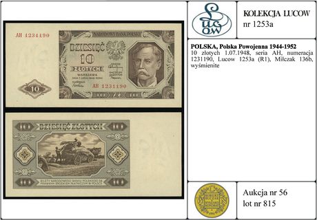 10 złotych 1.07.1948, seria AH, numeracja 123119