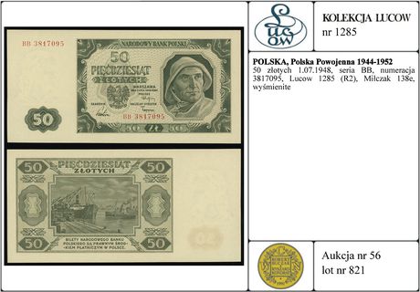 50 złotych 1.07.1948, seria BB, numeracja 3817095, Lucow 1285 (R2), Miłczak 138e, wyśmienite