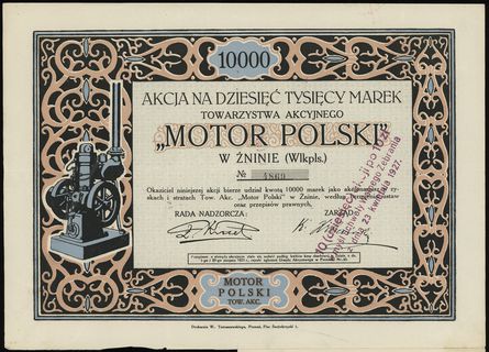 „Motor Polski” Towarzystwo Akcyjne w Żninie, 1 akcja na 10.000 marek 1922, numeracja 4869, z talonem i 3 kuponami, Niegrzyb. VI-A-39