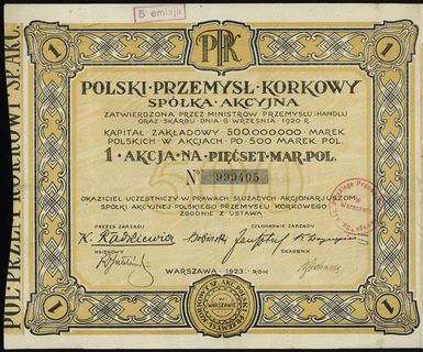 Polski Przemysł Korkowy S.A., 1 akcja na 500 marek polskich, Warszawa 1923, numeracja 999405, z talonem i 8 kuponami, Niegrzyb. XV-D-1
