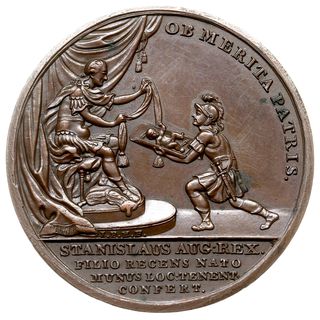 późniejsza odbitka w brązie medalu na pamiątkę narodzin syna Fryderyka Alojzego Brühla autorstwa J.F.Holzhaeussera 1781 r, Aw: Żołnierz w stroju rzymskim prezentuje niemowlę królowi w antycznej zbroi siedzącemu na tronie, w półkolu napis OB MERITA PATRIAS, w odcinku napis STANISLAUS AUG REX ...., Rw: Napis poziomy w piętnastu wierszach ALOIS FRID COM A BRUHL ...., brąz 46.94 g, 44.5 mm, H-Cz. 3861 (R1) -w srebrze, Racz. 574, Więcek 50, bardzo ładny, patyna