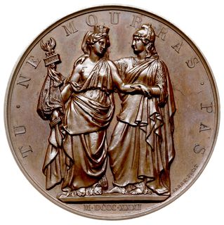 medal autorstwa Barre’a wybity Bohaterskiej Polsce po Powstaniu Listopadowym nakładem Komitetu Brukselskiego w 1831 r., Aw: Dwie postacie w strojach antycznych - Polonia ze sztandarem i podtrzymująca ją Belgia w czapce frygijskiej, wokoło TU NE MOURRAS PAS i sygnatura medaliera, Rw: Napis A / L’ HEROIQUE POLOGNE, powyżej wieniec z gwiazdek, poniżej gałązki laurowa i palmowa, miedź 51 mm, H-Cz. 3831 (R4), bardzo ładnie zachowany, patyna