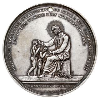 medal na pamiątkę chrztu autorstwa J. Majnerta, Aw: Chrystus siedzący na pniu błogosławiący dzieci, poniżej napis EWAN.S.MARKA.ROZD.10 w 14, w otoku napis