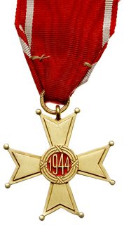 Krzyż Kawalerski (V klasa) Orderu Odrodzenia Polski z legitymacją nadany ppłk Eduardowi Rokicińskiemu 4.06.1945, złoto 28.95 g, 46 x 46 mm, emalia, wstążka, egzemplarze wykonane w złocie są niezmiernie rzadkie