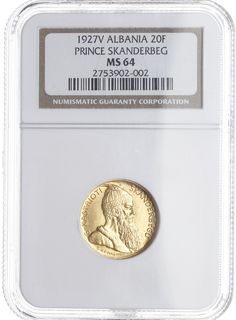 20 franga ari 1927 V, G. Kastrioti Skanderberg, złoto, Fr. 6, moneta w pudełku firmy NGC z oceną MS64, pięknie zachowane