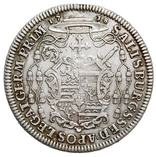 talar 1738, portret autorstwa Matzenkopfa, srebro 28.55 g, Dav. 1242, Probszt 2133, Zöttl 2575, ślad po zawieszce, bardzo rzadki