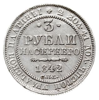 3 ruble 1842 СПБ, platyna 10.28 g, Bitkin 88 (R), Fr. 160, min. typowa wada walcowania (tzw. schrötlingsfehler), rzadkie