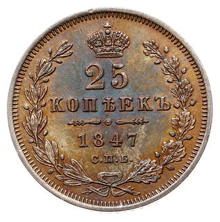 25 kopiejek 1847 СПБ ПА, Petersburg, Bitkin 294, Adrianov 1847, brązowo-złota patyna, pięknie zachowane