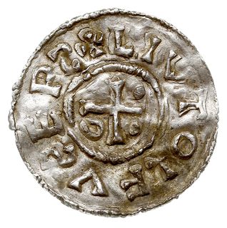 Augsburg, bp Liutolf 989-996, denar 989-995, mincerz Vilja, Aw: Dach kościoła i AZO, Rw: Krzyż, srebro 1.46 g, Hahn 138a1, gięty