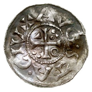 Augsburg, Henryk II 1002-1024, denar 1009-1024, Aw: Popiersie króla w prawo, Rw: Krzyż, srebro 1.40 g, Hahn 145, gięty