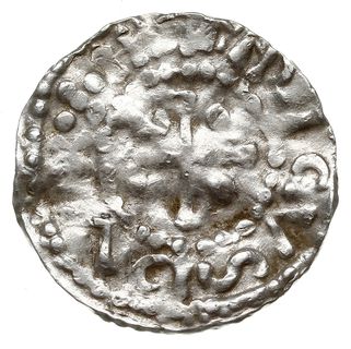 Ratyzbona, Henryk I 948-955, denar 948-955, mincerz Od, Aw: Dach kościoła i OZI, Rw: Krzyż, srebro 1.66 g, Hahn 10j2, gięty