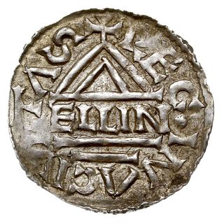 Ratyzbona, Henryk II 955-976 - pierwsze panowanie, denar 973-976, mincerz Aljan, Aw: Dach kościoła i ELLIN, Rw: Krzyż, srebro 1.67 g, Hahn 16d2