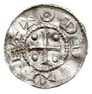 Dortmund, Otto III 983-1002, denar, Aw: Krzyż z kulkami w kątach, ODDO REX, Rw: Napis poziomy THERT/MANNI, srebro 1.16 g, Dbg 743, Kluge 28, gięty, bardzo ładny