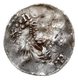 Moguncja, Henryk II 1002-1024, denar, Aw: Popiersie króla na wprost, Rw: Mury miejskie z trzema wieżami, srebro 1.52 g, Dbg 788, Kluge 73, gięty, patyna