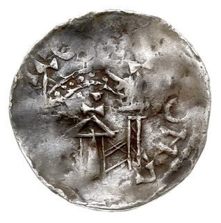 Moguncja, Henryk II 1002-1024, denar, Aw: Popiersie króla na wprost, Rw: Mury miejskie z trzema wieżami, srebro 1.52 g, Dbg 788, Kluge 73, gięty, patyna