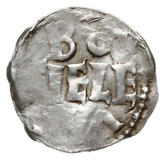 Tiel, Henryk II 1002-1024, denar, Aw: Głowa króla na wprost, Rw: Napis w trzech liniach BO / TIELE / NA, srebro 1.36 g, Dbg. 579, gięty