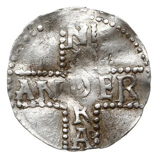 Andernach, Dietrich I 984-1027, denar, Aw: Popiersie w lewo, Rw: Napis w formie krzyża ANDER/NA/KA, srebro 1.41 g, Dbg 441, gięty, efektowny i bardzo ładny