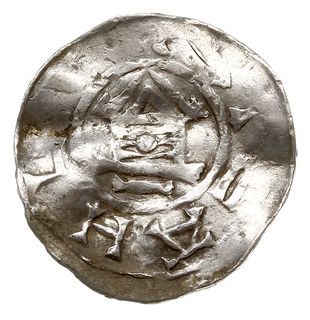 Otto III 983-1002, denar typu OAP, Goslar, Aw: Kapliczka, Rw: Krzyż z O-D-D-O w kątach, srebro 1.45 g, Dbg 1167, Kluge 47, gięty