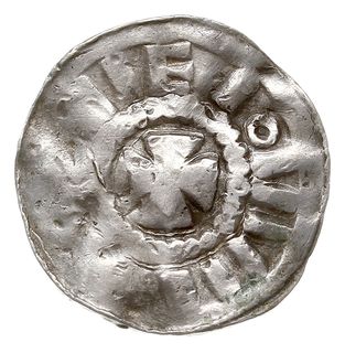 Anonimowy biskup, denar krzyżowy XI w., Aw: Kapliczka, Rw: Krzyż kawalerski, srebro 1.38 g, Dbg 1330, gięty