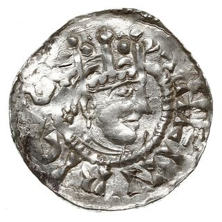 Esslingen, Henryk II 1002-1024, denar, Aw: Popiersie króla w prawo, Rw: Dłoń opatrzności, srebro 1.44 g, Dbg 951, Kluge 84, gięty, ładnie zachowany