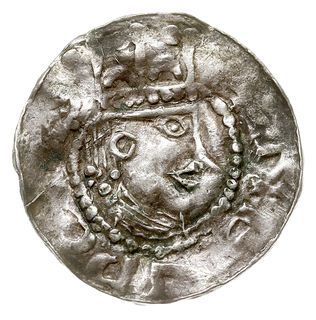 Esslingen, Henryk II 1002-1024, denar, Aw: Popiersie króla w prawo, Rw: Dłoń opatrzności, srebro 1.08 g, Dbg 951, Kluge 84, gięty, patyna