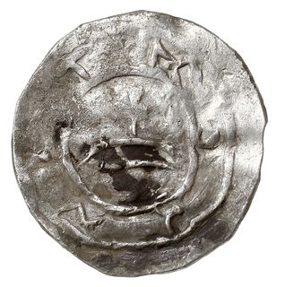 denar, przed rokiem 1025, Aw: Szczyt świątyni, w otoku zniekszałcony napis MISICO (wstecznie MTLNCO), Rw: Krzyż, w polu cztery kropki, w otoku między obwódkami EE++, srebro 1.61 g, Str. 5, Such. typ I, Gum-H. 1, Gum-P. 1, Kop. 1, moneta przypisywana niegdyś Mieszkowi I jest obecnie uznana za monetę Mieszka II z okresu, gdy był następcą tronu, patrz Suchodolski WN 1998 i WN z. 40-41 1967, pięknie zachowane pełne napisy otokowe, wyjątkowa rzadkość w tym stanie zachowania