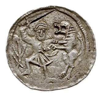 denar, Aw: Książę na tronie, obok giermek, Rw: Rycerz walczący ze lwem, srebro 0.59 g, Str. 40, Such. XVI/1, bardzo ładny