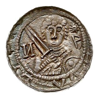 denar, Aw: Książę z mieczem, Rw: Biskup z pastorałem i biblią, srebro 0.59 g, Str. 42, Such. XVII/1, piękny