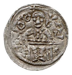 denar, 1146-1157, Aw: Książę z mieczem na tronie, BOLEZLAVS, Rw: Głowa w prostokątnej ramce, S ADALBERTVS, srebro 0.51 g, Str. 51, Such. XIX/1, bardzo ładny, w pełni czytelne napisy otokowe