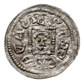 denar, 1146-1157, Aw: Książę z mieczem na tronie, BOLEZLAVS, Rw: Głowa w prostokątnej ramce, S ADALBERTVS, srebro 0.51 g, Str. 51, Such. XIX/1, bardzo ładny, w pełni czytelne napisy otokowe