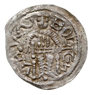 denar, 1146-1157, Aw: Książę z mieczem na tronie, BOLEZLAVS, Rw: Głowa w prostokątnej ramce, S ADALBERTVS, srebro 0.53 g, Str. 51, Such. XIX/1, bardzo ładny, w pełni czytelne napisy otokowe