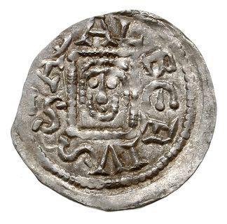 denar, 1146-1157, Aw: Książę z mieczem na tronie, BOLEZLAVS, Rw: Głowa w prostokątnej ramce, S ADALBERTVS, srebro 0.53 g, Str. 51, Such. XIX/1, bardzo ładny, w pełni czytelne napisy otokowe