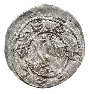 denar, 1157-1166, Aw: Popiersie z mieczem, wokoło BOLEZLAS, Rw: Trzej książęta za stołem, srebro 0.38 g, Str. 58, Such. XXI, rzadki i ładnie zachowany, pięknie widoczny napis otokowy