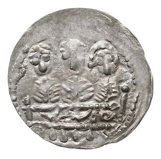 denar, 1157-1166, Aw: Popiersie z mieczem, wokoło BOLEZLAS, Rw: Trzej książęta za stołem, srebro 0.34 g, Str. 58, Such. XXI, rzadki