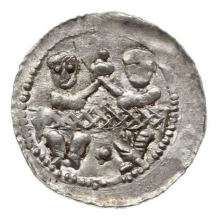 denar, 1146-1157, Aw: Dwaj książęta siedzący za stołem unoszący wspólnie kielich, Rw: Rycerz stojący na wprost z włócznią i tarczą, srebro 0.52 g, Str. 59, Such. XIX/2, bardzo ładny, ale rewers niecentrycznie wybity