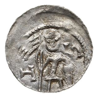 denar, 1146-1157, Aw: Dwaj książęta siedzący za stołem unoszący wspólnie kielich, Rw: Rycerz stojący na wprost z włócznią i tarczą, srebro 0.52 g, Str. 59, Such. XIX/2, bardzo ładny, ale rewers niecentrycznie wybity