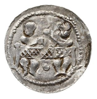 denar, 1146-1157, Aw: Dwaj książęta siedzący za stołem unoszący wspólnie kielich, Rw: Rycerz stojący na wprost z włócznią i tarczą, srebro 0.53 g, Str. 59, Such. XIX/2, bardzo ładny