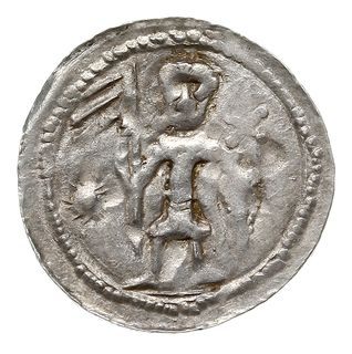 denar, 1146-1157, Aw: Dwaj książęta siedzący za stołem unoszący wspólnie kielich, Rw: Rycerz stojący na wprost z włócznią i tarczą, srebro 0.53 g, Str. 59, Such. XIX/2, bardzo ładny