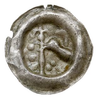 brakteat guziczkowy, XIII w., Głowa ptaka w lewo, trzymającego w dziobie lilię, w polach kulki, srebro 0.18 g, Wieleń 134, Kop. 207, pięknie zachowany